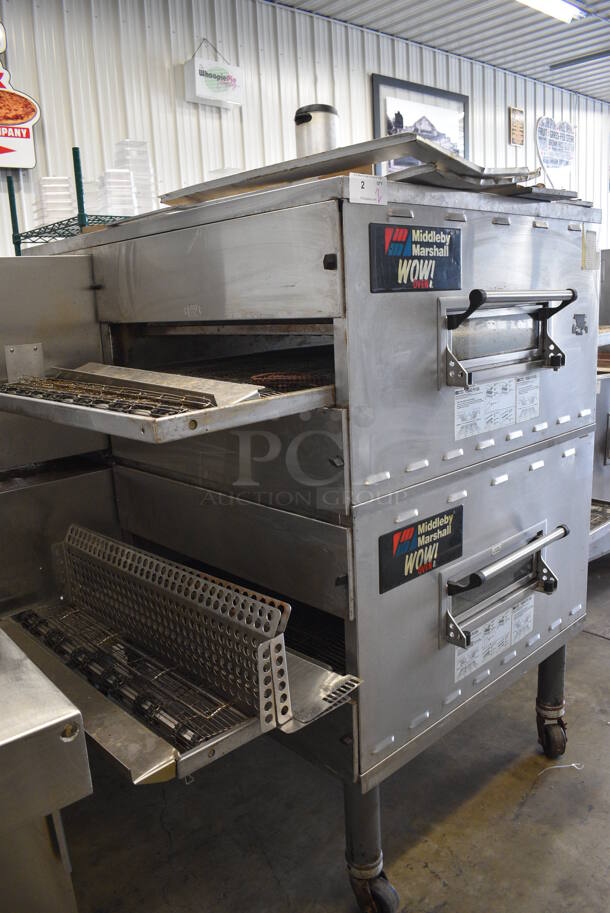 2 Middleby Marshall Model PS840G Stainless Steel Commercial Natural Gas Powered Conveyor Pizza Ovens on Commercial Casters. 85x57x66. 2 Times Your Bid!