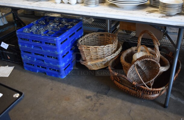 ALL ONE MONEY! Lot of Various Items Under Tabletop Including Baskets, Glasses and Poly Bin