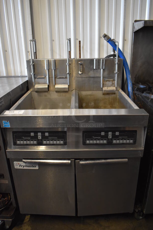 2017 Frymaster SCFHD250GBLNC Stainless Steel Commercial Natural Gas Powered Double Bay Deep Fat Fryer on Commercial Casters. 100,000 BTU. 31x31x52