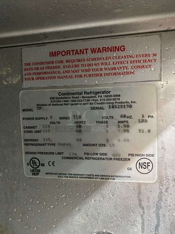Continental Commercial 2 Door Reach In Freezer! All Stainless Steel! On Casters! Model: 2F SN: 14810068 115V 60HZ 1 Phase - Image 6 of 9