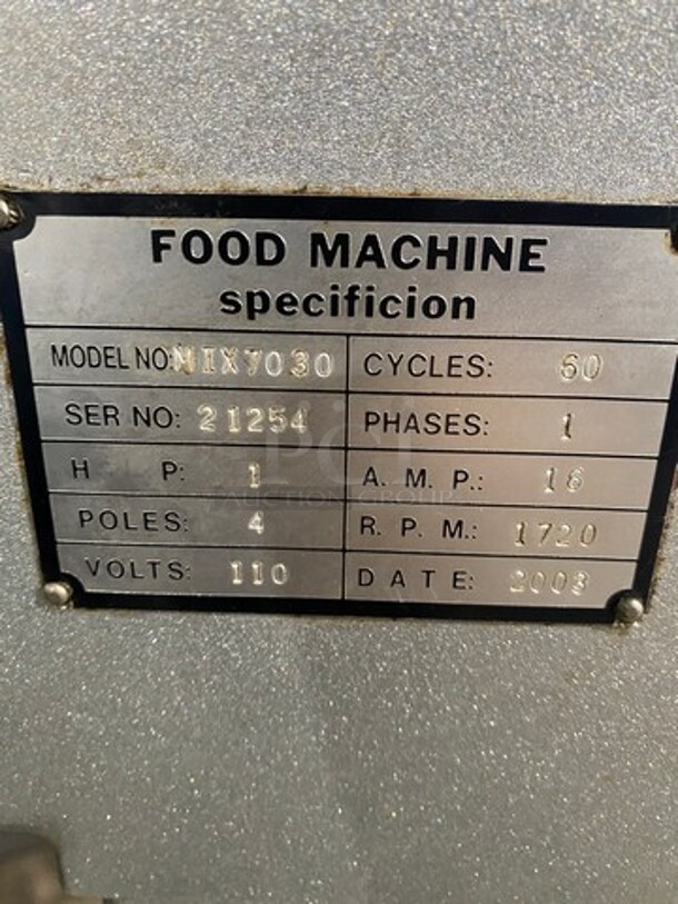 Anvil Commercial Planetary Mixer! Model: MIX7030 SN: 21254 110V 60HZ 1 Phase - Image 8 of 10