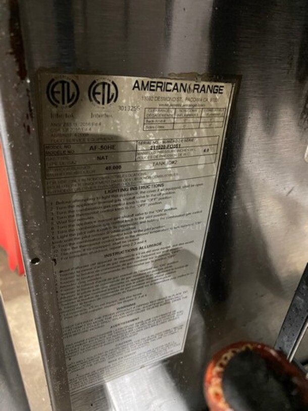 American Range Commercial Natural Gas Powered Deep Fat Fryer! With 2 Metal Frying Baskets! With Backsplash! All Stainless Steel! On Legs! Model: AF50HE SN: 211020FO351 - Image 11 of 11
