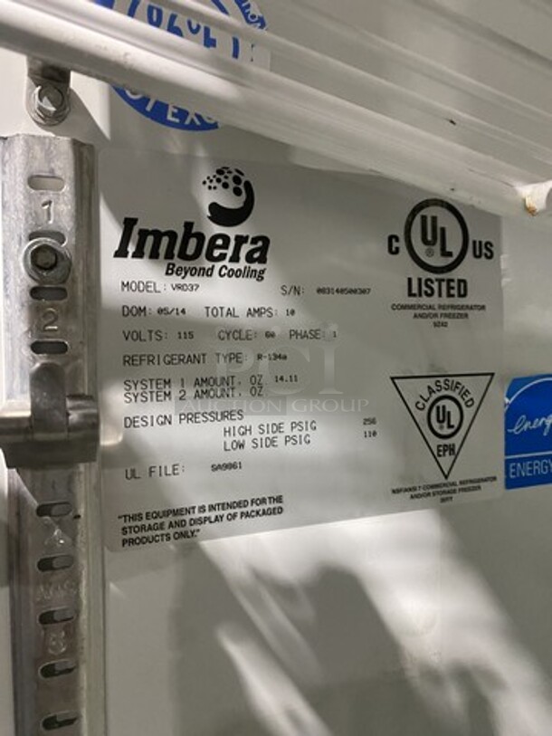 Nice! Imbera 2 Sliding Glass Door Reach In Cooler Merchandiser! Model VRD37 Serial 083140500307! 115V 1Phase!  - Image 7 of 8