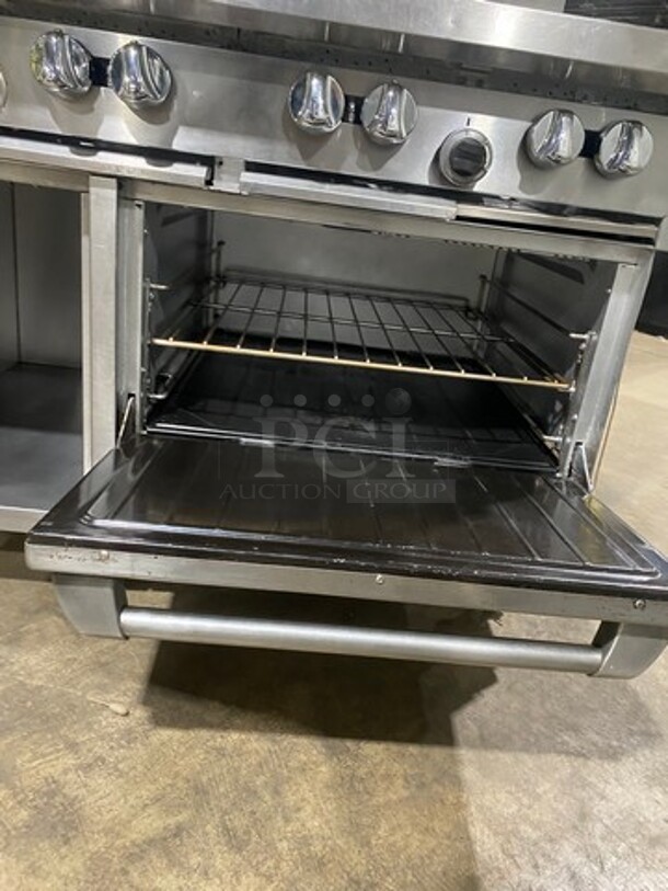 Great! US Range Commercial Natural Gas Powered 8 Burner Stove! With Raised Back Splash And Salamander Shelf! With Oven Underneath! All Stainless Steel! On Casters! Working When Removed! - Image 7 of 9