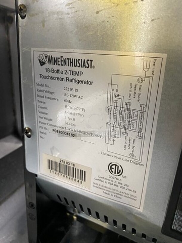 WINE ENTHUSIAST 18-Bottle Touchscreen Wine Cooler! With 2 Temps! All Stainless Steel! Model 2720318 Serial 314070520042! 110-120V! - Image 5 of 8