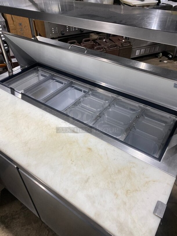 2021 Serv-Ware Prep Table With Commercial Cutting Board And 2 Doors Underneath!  w/ 2 Tier Over Shelf on Commercial Casters! Working When Removed! MODEL SP4812HC SN:21032106  - Image 5 of 12