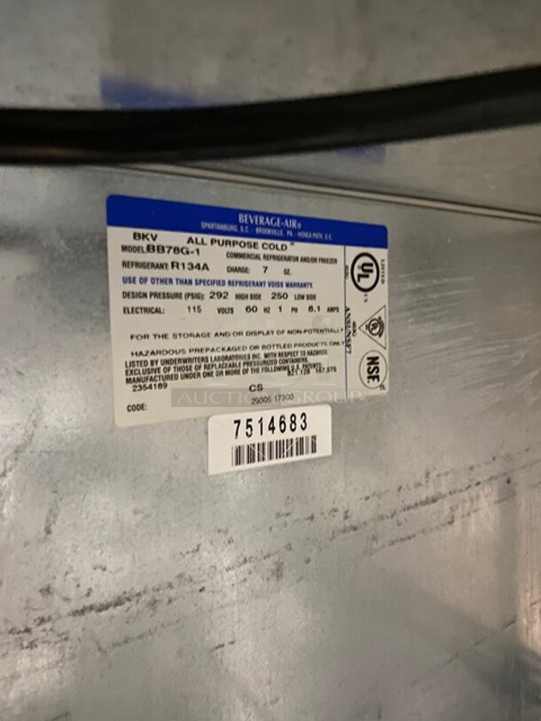 Beverage Air Commercial 3 Door Bar Back Cooler! With One View Through Door! With Racks! Model BB78G1 Serial 7514683! 115V 1Phase! - Image 6 of 8