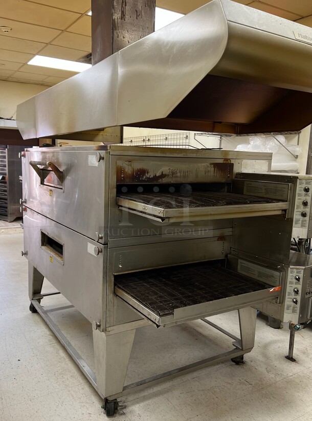 2 XLT 3270 Stainless Steel Commercial Natural Gas Powered Conveyor Pizza Oven on Commercial Casters. Comes w/ Hood / Vent. 180,000 BTU. 113x53x63, 99x37x22. 2 Times Your Bid! Picture of the Unit Before Removal Is Included In the Listing. - Image 12 of 12