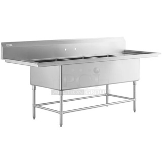 BRAND NEW SCRATCH & DENT! Regency Spec Line 100" 14 Gauge Stainless Steel Three Compartment Commercial Sink with 2 Drainboards - 20" x 28" x 14" Bowls - Sink Only