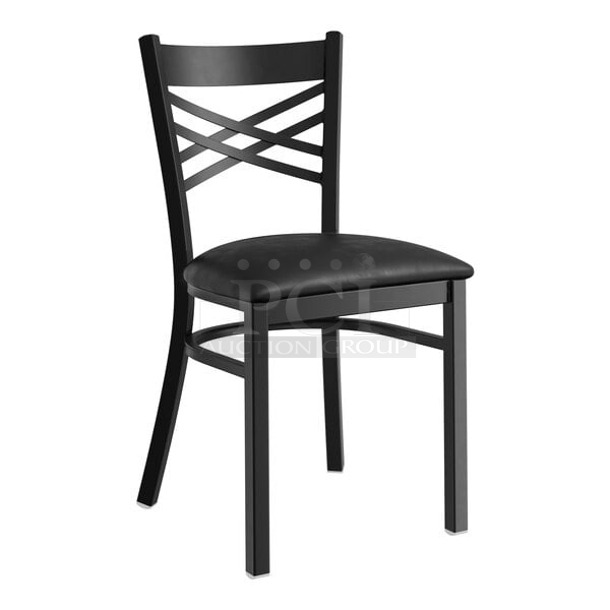 BRAND NEW SCRATCH & DENT! Lancaster Table & Seating Black Finish Cross Back Chair with 2 1/2" Black Vinyl Padded Seat - Assembled. 5x Your Bid.  - Image 1 of 1