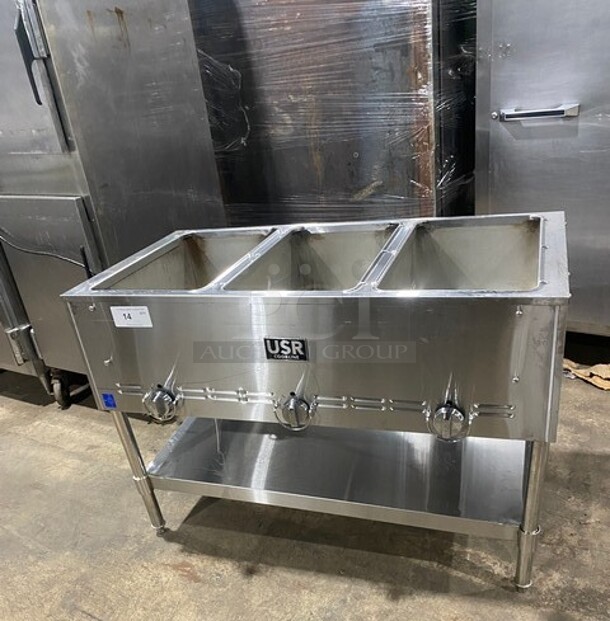 USR Cookline Stainless Steel Commercial Gas Powered 3 Bay Steam Table With Shelf Under! MODEL GST3 SN:200765034 