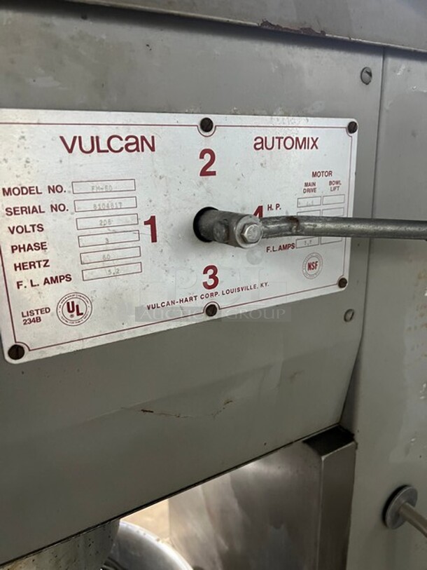 FAB! Vulcan Commercial Floor Style Metal Planetary 60 Quart Mixer w/ Mixing Bowl, Paddle Attachment, Whisk Attachment and Dough Hook Attachment! Model FM60 SN:810817 208V 3PH  - Image 3 of 9