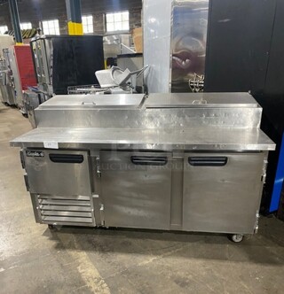 Leader Commercial Refrigerated Pizza Prep Table! With 3 Door Storage Space Underneath! All Stainless Steel! Model: ESPT72SC SN: NP08C2296 115V 60HZ 1 Phase