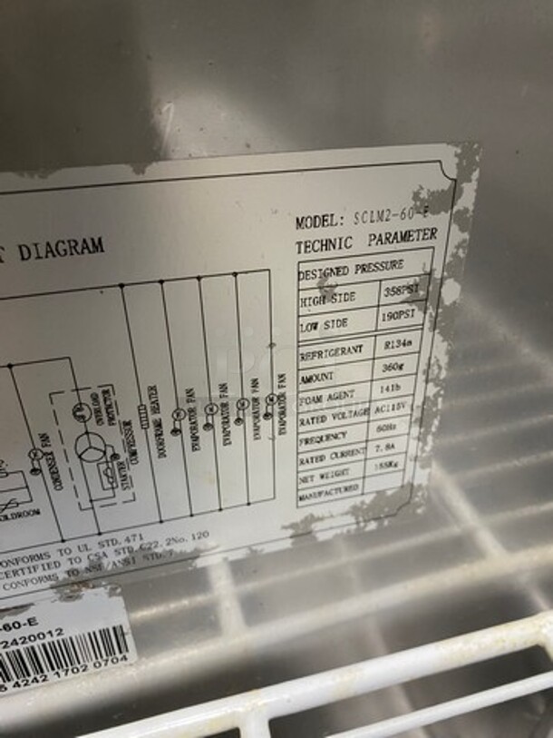 Universal Coolers Commercial Refrigerated Sandwich Prep Table! With 2 Door Storage Space Underneath! Poly Coated Racks! All Stainless Steel! On Casters! Model: SCLM260E 115V 60HZ 1 Phase - Image 7 of 9
