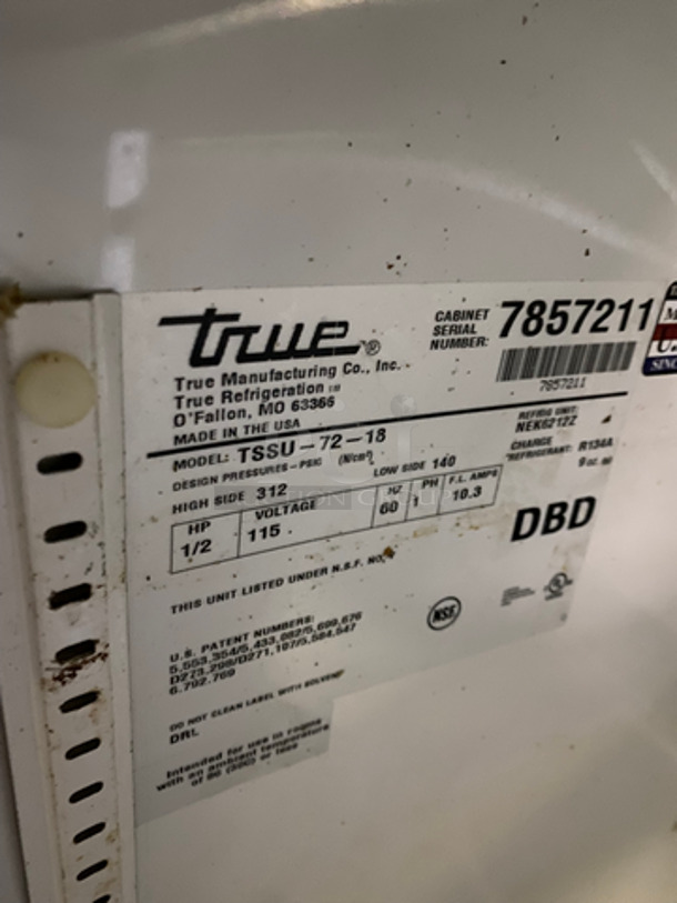 True Commercial Refrigerated 3 Door Sandwich Prep Table! With Commercial Cutting Board! All Stainless Steel! On Casters! Model: TSSU7218 SN: 7857211 115V 60HZ 1 Phase - Image 7 of 10
