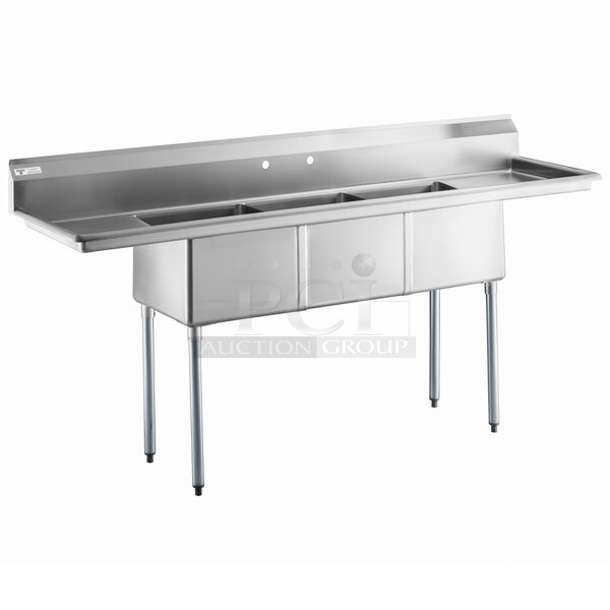BRAND NEW SCRATCH AND DENT! Steelton 522CS31818LR Stainless Steel Commercial 3 Bay Sink w/ Dual Drain Boards. Bays 18x18. Drain Boards 16x20  - Image 1 of 6