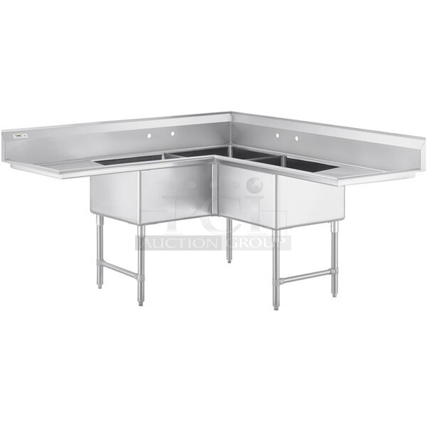 BRAND NEW SCRATCH AND DENT! Regency 600S3242424C Stainless Steel Commercial 3 Bay L Shaped Sink w/ Left Side Drain Board. No Legs. Bays 24x24. Drain Boards 22x26