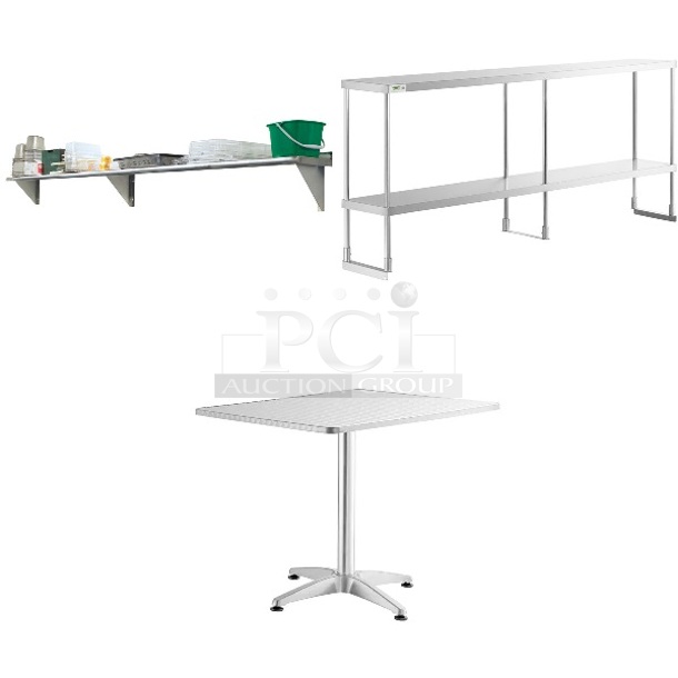3 BRAND NEW SCRATCH AND DENT! Items Including Advance Tabco WS-15-36 15" x 36" Wall Shelf - Stainless Steel, Regency 600DOS1__4 Stainless Steel Double Deck Overshelf, 427CSTL3131C Lancaster Table & Seating 31 1/2" x 31 1/2" Chrome Square Outdoor Standard Height Table. 3 Times Your Bid! May Be Missing Pieces.  - Image 1 of 5
