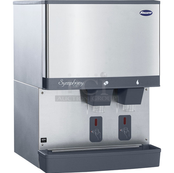 BRAND NEW SCRATCH AND DENT! 2021 Follett 110CM Stainless Steel Commercial Countertop Symphony Plus 110 lb. Manual Fill Countertop Ice and Water Dispenser with SensorSAFE Dispensing. 115 Volts, 1 Phase. 