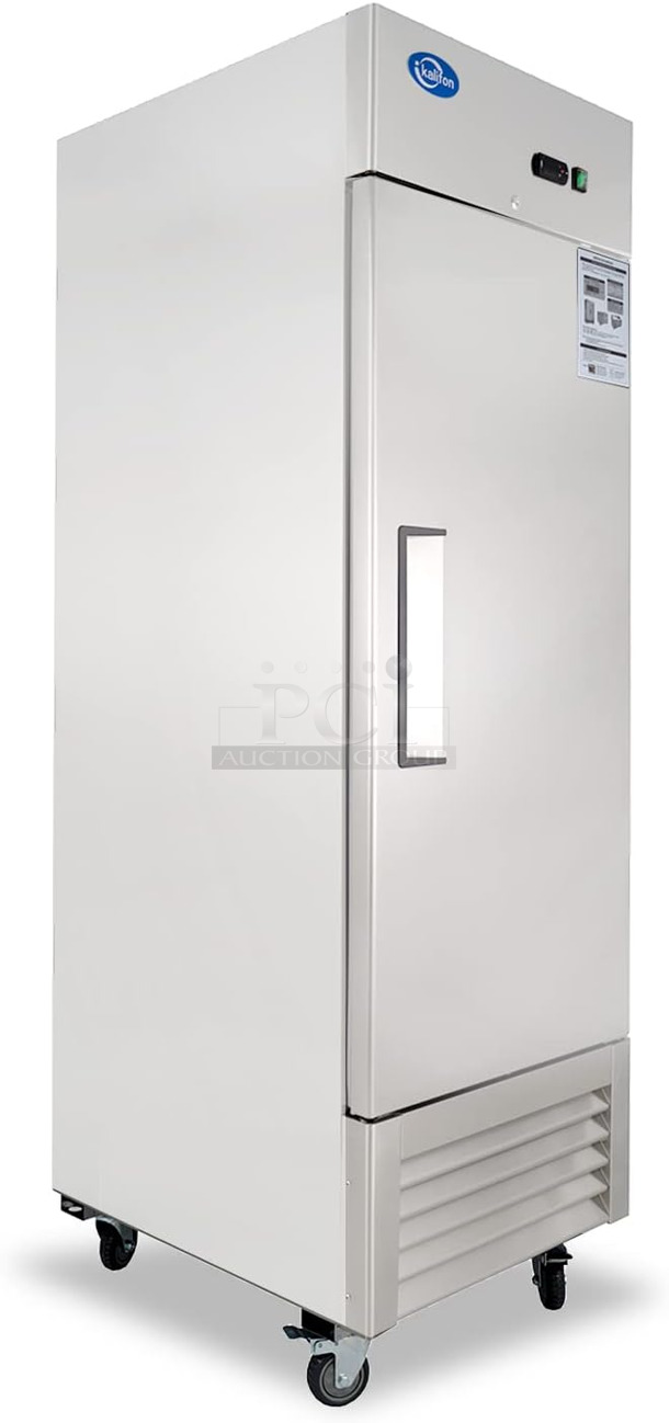 BRAND NEW SCRATCH AND DENT! 2022 Kalifon KR-23B Stainless Steel Commercial Single Door Reach In Cooler w/ Poly Coated Racks on Commercial Casters. 115 Volts, 1 Phase. Tested and Working! - Image 1 of 7