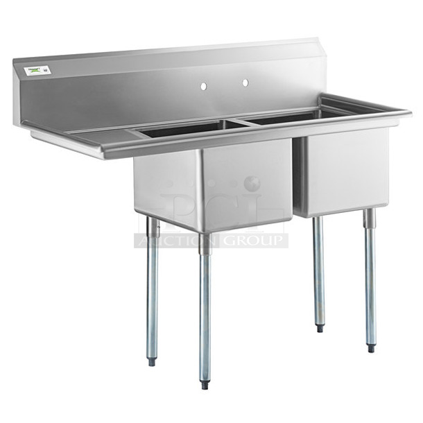 BRAND NEW SCRATCH AND DENT! Regency 600S2171718L Stainless Steel Commercial 2 Bay Sink w/ Left Side Drain Board. Bays 17x17. Drain Board 16.5x18.5 - Item #1098907