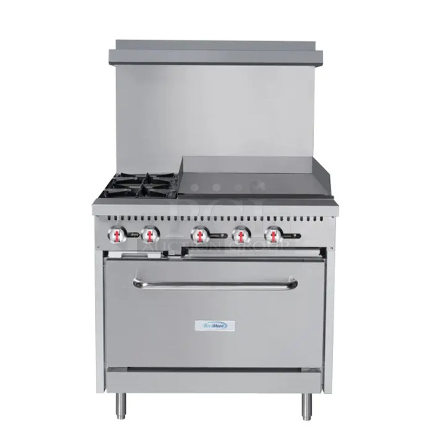 BRAND NEW SCRATCH AND DENT! KoolMore Stainless Steel Commercial Natural Gas Powered 2 Burner Range w/ Flat Top Griddle, Oven, Over Shelf and Back Splash.  - Image 1 of 11