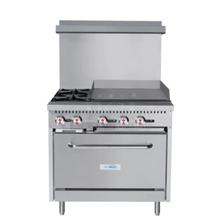 BRAND NEW SCRATCH AND DENT! KoolMore Stainless Steel Commercial Natural Gas Powered 2 Burner Range w/ Flat Top Griddle, Oven, Over Shelf and Back Splash. 