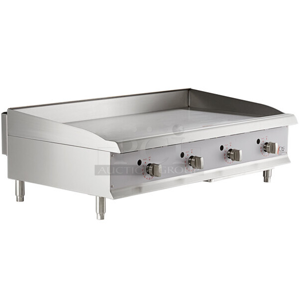 BRAND NEW SCRATCH AND DENT! Cooking Performance Group CPG 351GTCPG48NL Stainless Steel Commercial Countertop Natural Gas Powered Flat Top Griddle w/ Thermostatic Controls. 120,000 BTU. 