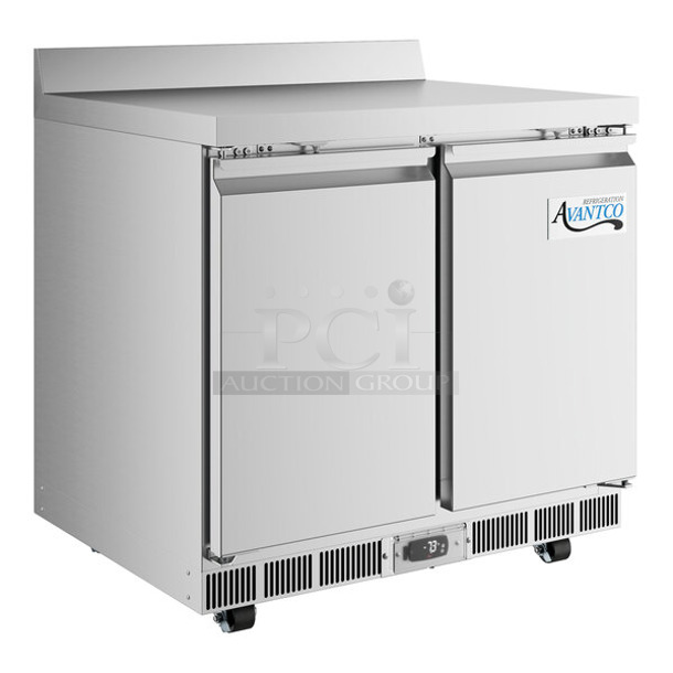 BRAND NEW SCRATCH AND DENT! 2023 Avantco 178ZWT36FHC Stainless Steel Commercial 2 Door Work Top Freezer w/ Back Splash. 115 Volts, 1 Phase. Tested and Working!