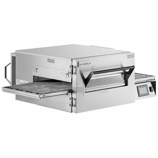 BRAND NEW SCRATCH AND DENT! 2023 Lincoln Impinger 1117-000-U-K1837 Series 1100 Stainless Steel Commercial Propane Gas Powered Conveyor Pizza Oven on Commercial Casters. 40,000 BTU.