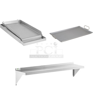 3 BRAND NEW SCRATCH AND DENT! Items; Avantco 177AOGT1227 12 1/4" x 27" x 4" Add-On 2 Burner Griddle Top, 247PG1423 Vigor 14" x 23" Portable Steel Griddle with Fold-Down Handles, Regency 600WS1260 18 Gauge Stainless Steel 12" x 60" Solid Wall Shelf. 3 Times Your Bid!