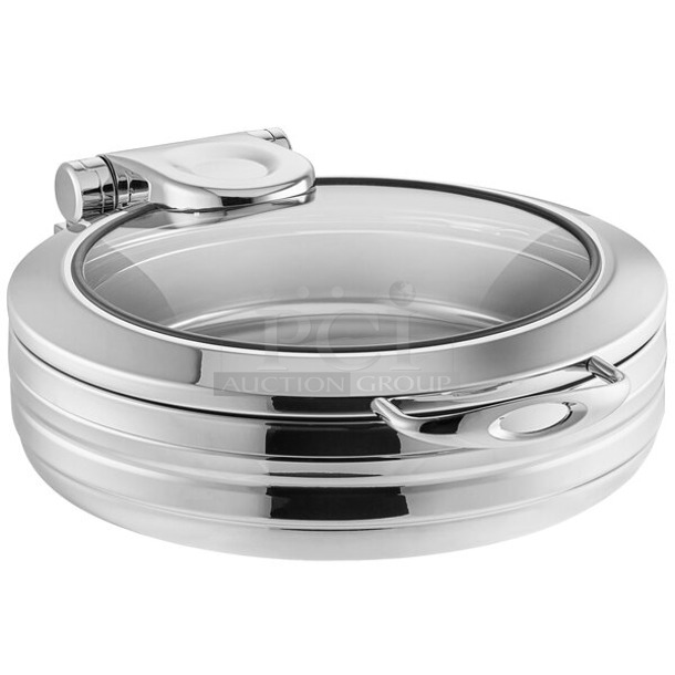 BRAND NEW SCRATCH AND DENT! Acopa 407SINR6QT Manchester 6 Qt. Round Stainless Steel Induction Chafer with Glass Top and Soft Close Lid - Image 1 of 3