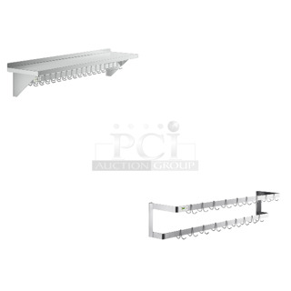 2 BRAND NEW SCRATCH AND DENT! Items; Regency 600PS1572 15" x 72" Stainless Steel Wall Mounted Pot Rack with Shelf and 18 Galvanized Hooks and Regency 600SW72 72" Stainless Steel Wall Mounted Double Line Pot Rack with 18 Galvanized Double Prong Hooks. 2 Times Your Bid!