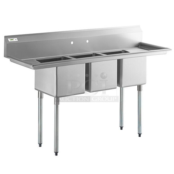 BRAND NEW SCRATCH AND DENT! Regency 600S31416212 70" 16 Gauge Stainless Steel Three Compartment Sink with Galvanized Steel Legs and Two Drainboards - 14" x 16" x 12" Bowls - Image 1 of 9