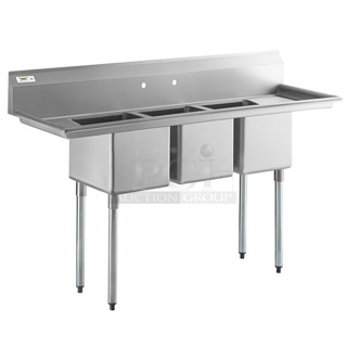 BRAND NEW SCRATCH AND DENT! Regency 600S31416212 70" 16 Gauge Stainless Steel Three Compartment Sink with Galvanized Steel Legs and Two Drainboards - 14" x 16" x 12" Bowls