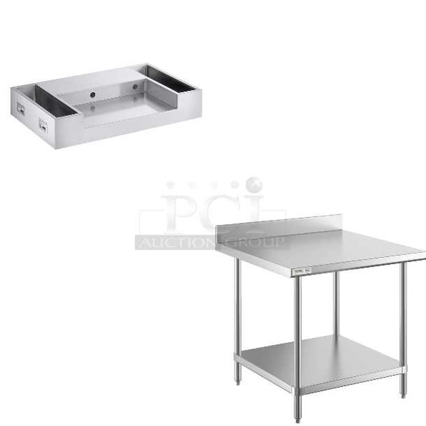 2 BRAND NEW SCRATCH AND DENT! Items Including 4240MS2844 Avantco 44" x 28" Stainless Steel Omelet / Pasta Station Base, Regency 600TSB3636S 36" x 36" 16 Gauge Stainless Steel Commercial Work Table with 4" Backsplash and Undershelf. 2 Times Your Bid! May Be Missing Pieces.  - Image 1 of 4