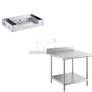 2 BRAND NEW SCRATCH AND DENT! Items Including 4240MS2844 Avantco 44" x 28" Stainless Steel Omelet / Pasta Station Base, Regency 600TSB3636S 36" x 36" 16 Gauge Stainless Steel Commercial Work Table with 4" Backsplash and Undershelf. 2 Times Your Bid! May Be Missing Pieces. 