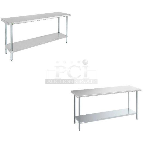 3 BRAND NEW SCRATCH AND DENT! Items Including Regency 600T1872G 18" x 72" 18-Gauge 304 Stainless Steel Commercial Work Table with Galvanized Legs and Undershelf, Steelton 0 24" x 72" 18 Gauge 430 Stainless Steel Work Table with Undershelf, Stainless Steel Table. May Be Missing Pieces. 3 Times Your Bid!  - Image 1 of 4