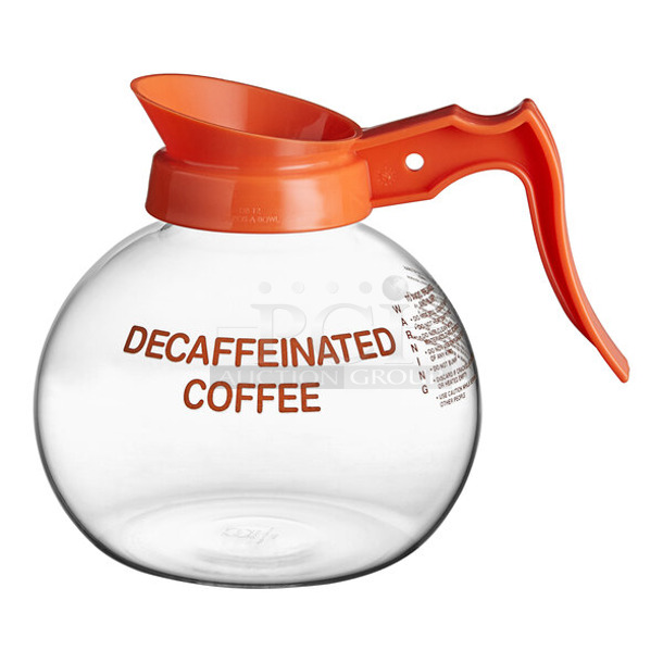 4 BRAND NEW SCRATCH AND DENT! Curtis 70280200403 Glass Decaf Coffee Decanter with Orange Text, Orange Imprint, and Decaf Only Logo. 4 Times Your Bid!  - Image 1 of 4
