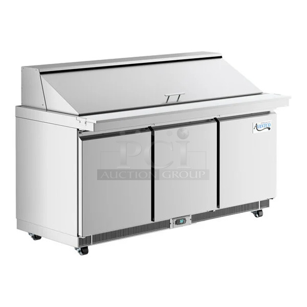 BRAND NEW SCRATCH AND DENT! 2023 Avantco 178ZPT71MHC Stainless Steel Commercial 71" 3 Door Front Breathing Mega Top Refrigerated Sandwich Prep Table. 115 Volts, 1 Phase. Tested and Working! - Image 1 of 11