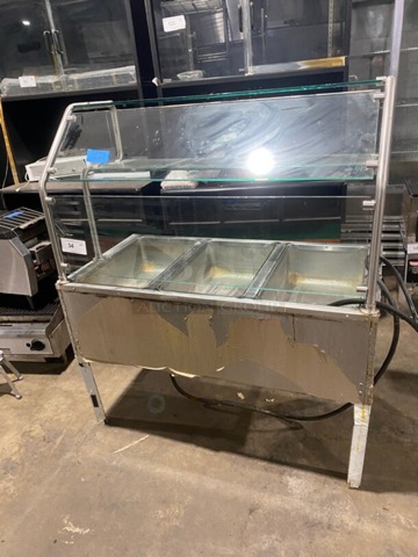 Duke Commercial Electric Powered 3 Well Steam Table! With Sneeze Guard! All Stainless Steel! On Legs! Model: E303M SN: 01063402 120V 60HZ 1 Phase