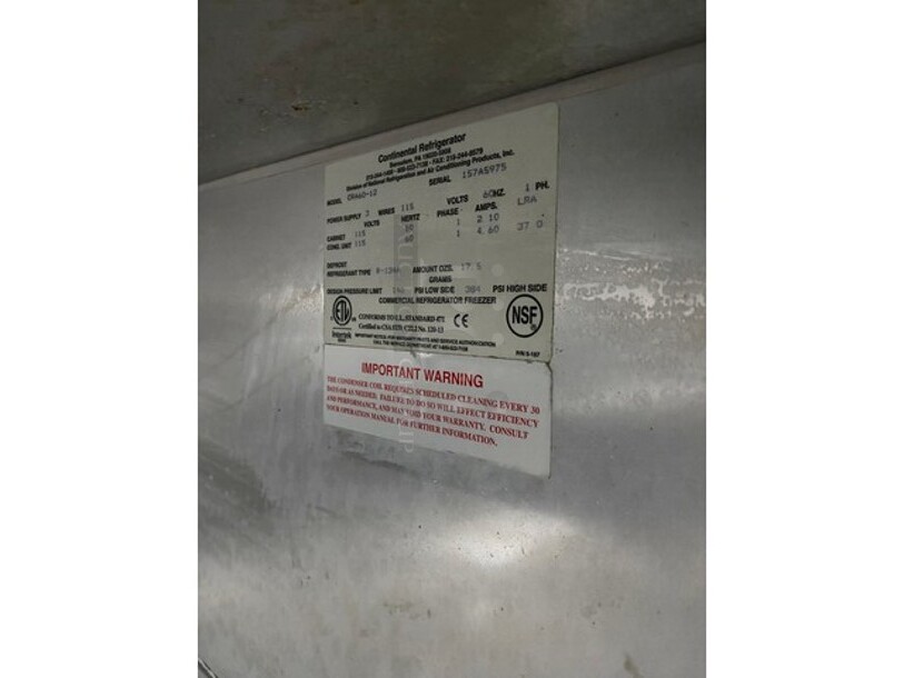 Continental Commercial Refrigerated Sandwich Prep Table! With Double Over Head Shelf! With 3Door Underneath Storage Space! With Poly Coated Racks! All Stainless Steel! - Image 7 of 10