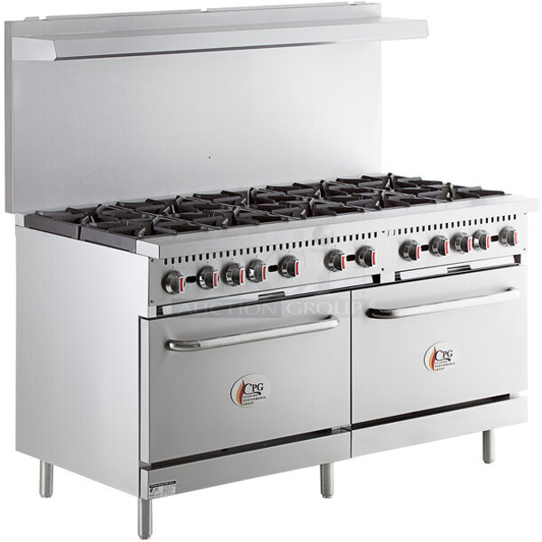 BRAND NEW SCRATCH AND DENT! Cooking Performance Group CPG 351S60L Stainless Steel Commercial Propane Gas Powered 10 Burner Range w/ 2 Ovens, Over Shelf and Back Splash. 360,000 BTU.