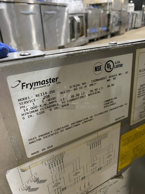 Frymaster Commercial Electric Powered Split Bay Deep Fat Fryer! With Metal Frying Baskets! All Stainless Steel! On Casters! Working When Removed! Model: RE1142SE SN: 1508NA0057! 208V 60HZ 3 Phase! - Image 9 of 10