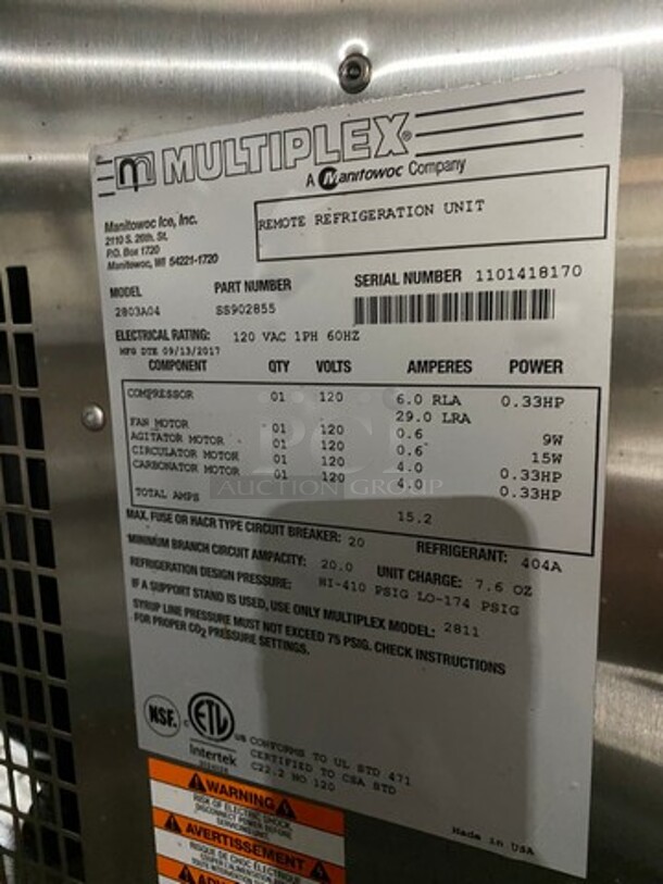 Manitowoc Multiplex Soda Factory Remote/Super Chill Refrigeration Unit! All Stainless Steel! Model: 2803A04 SN: 1101418170 120V 60HZ 1 Phase - Image 7 of 8