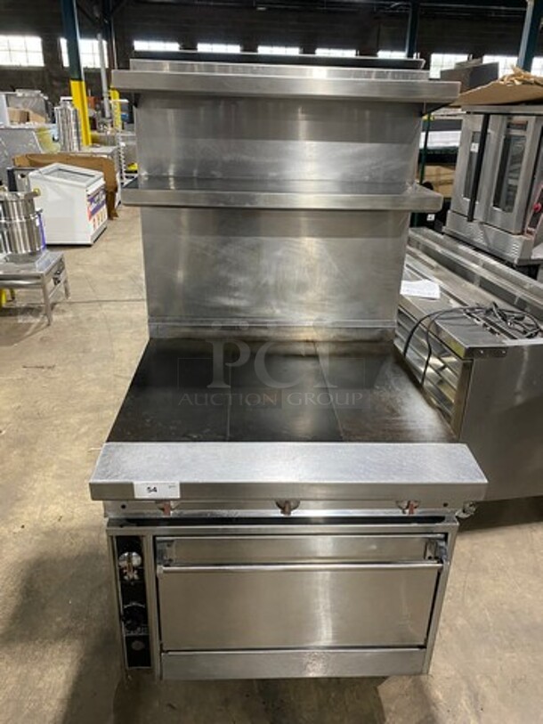 Jade Range Commercial Natural Gas Powered French Top/Hot Plate Stove! With Full Size Oven Underneath! With Metal Oven Racks! With Backsplash And Double Overhead Shelves! All Stainless Steel! On Casters!