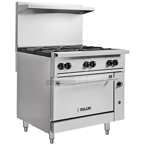 BRAND NEW SCRATCH AND DENT! Vulcan 36C-6BN Stainless Steel Commercial Natural Gas Powered 6 Burner Range w/ Convection Oven, Over Shelf and Back Splash. Stock Picture Used as Gallery.