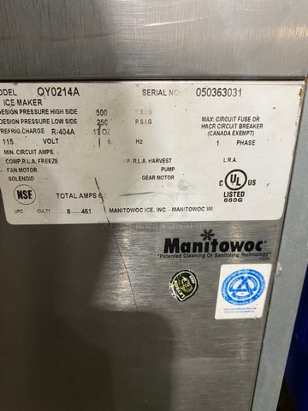 Manitowoc Commercial Undercounter Ice Maker Machine! All Stainless Steel! On Legs! Model: QY0214A SN: 050363031 115V 60HZ 1 Phase - Image 7 of 8