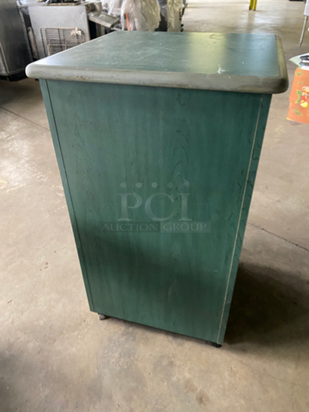Green Wooden Pattern Trash Can Shell! With Trash Deposit Flap, Front Door And Black Poly Trash Bin! - Image 4 of 6