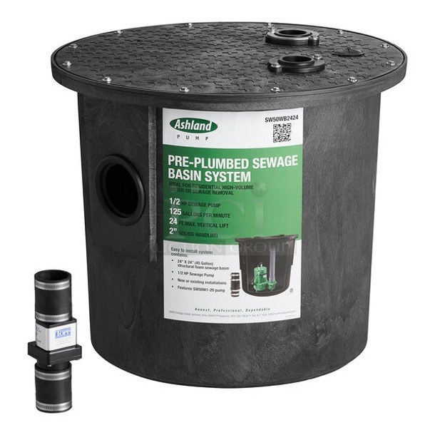 BRAND NEW! NO SCRATCH OR DENTS! Ashland Pump SW50WB2424 2" Sewage Basin Kit - 1/2 HP, 1Ph, 115V, 130GPM. Unit is factory wrapped but out of original box.  - Image 1 of 2